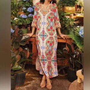 Soft Surroundings Ipanema Embroidered Multicolor Kaftan Floral Maxi Dress